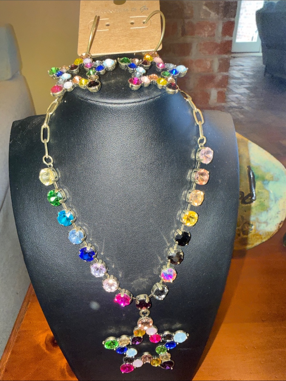 Multicolor Crystal Star Pendant Necklace and Earrings Set - Women Jewelry